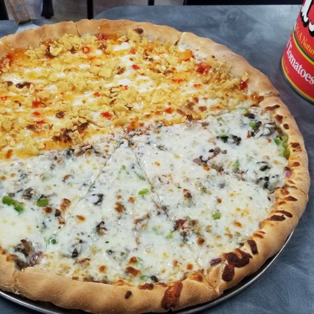 A half and half pizza with two of Abe's Faves: a crab rangoon and a Fab 4. Click this image to see all of Abe's Faves. 