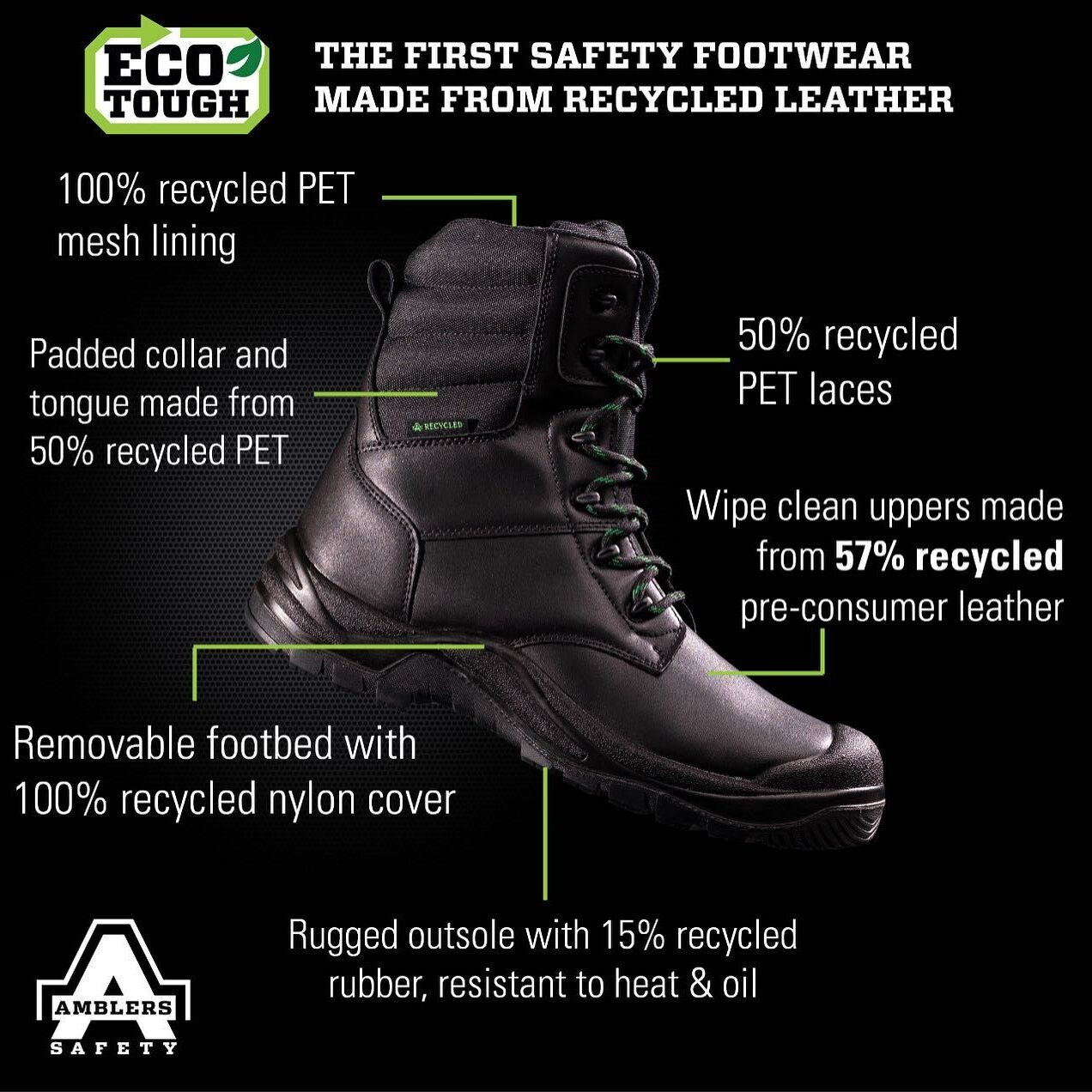 🥾 ♻️ We are proud to announce we have launched  - The first protective footwear ECO TOUGH made using Recycled Leather! Tis has been designed for our own brand - Amblers Safety ♻️🥾