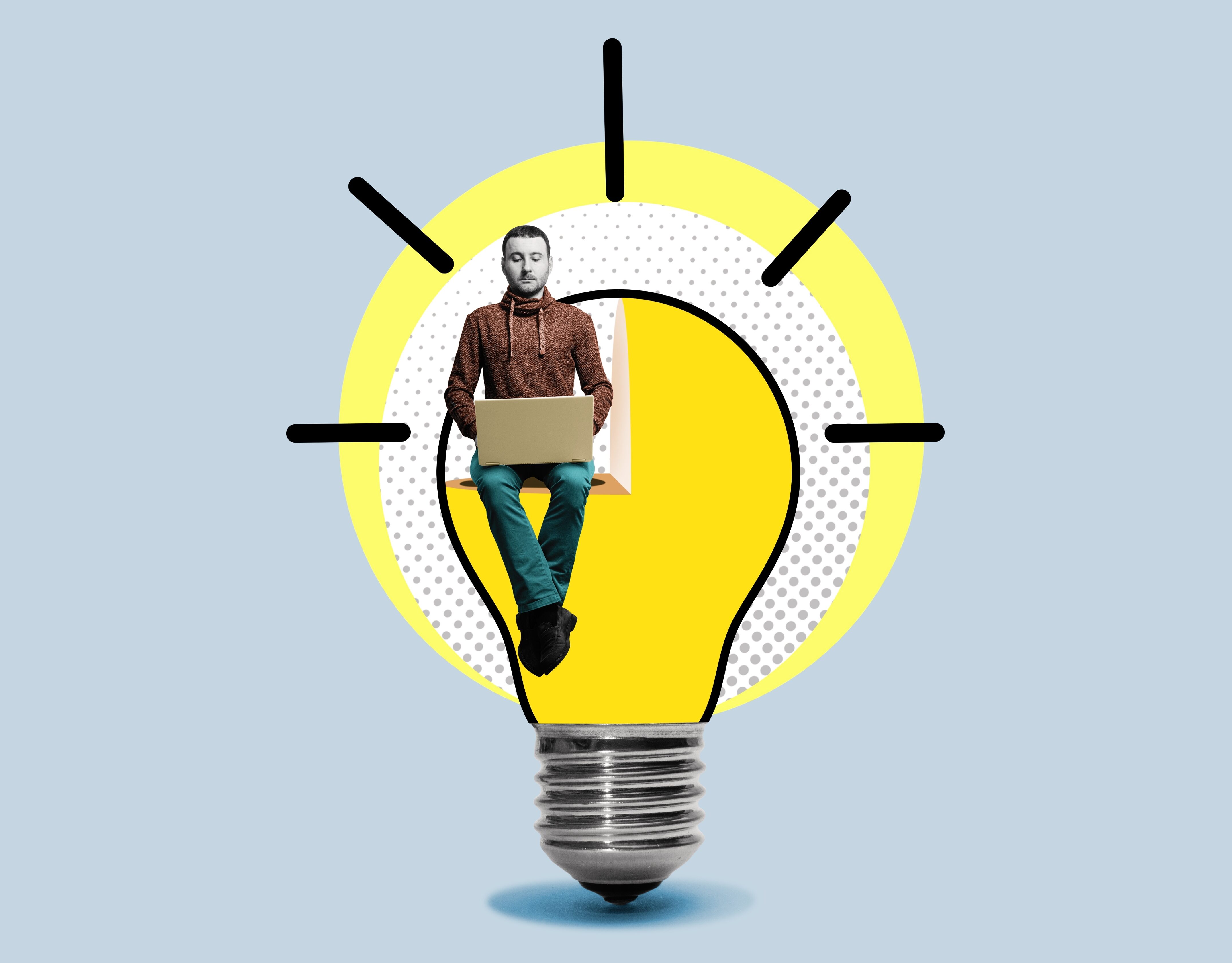 Grafik Abildung 2 Mann sitzt auf Glühbirne Laptop auf Schoss