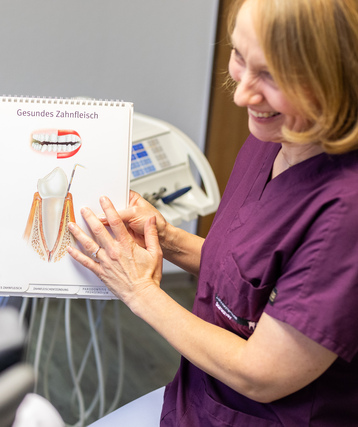 Zahnmedizinischer Prophylaxeassistentin erklärt einer Patientin etwas anhand einer Abbildung
