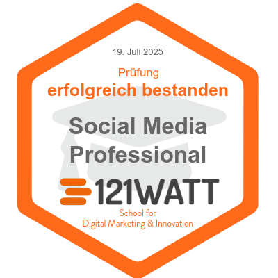 Zertifikatssiegel "Prüfung zum Social Media Professional" bei 121Watt - School for Digital Markeitng & Innovation bestanden.