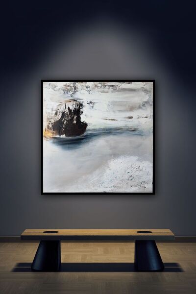 Schiff im Aufbruch 2025 aus der Serie 'Asche und Licht - Gelassenheit'' 100 x 100 inkl. Rahmen für 2.900 Euro