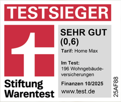 Stiftung Warentest: Testsieger, sehr gut (0,6), Tarif Home Max, im Test 196 Wohngebäudeversicherungen, Finanzen 10/2025