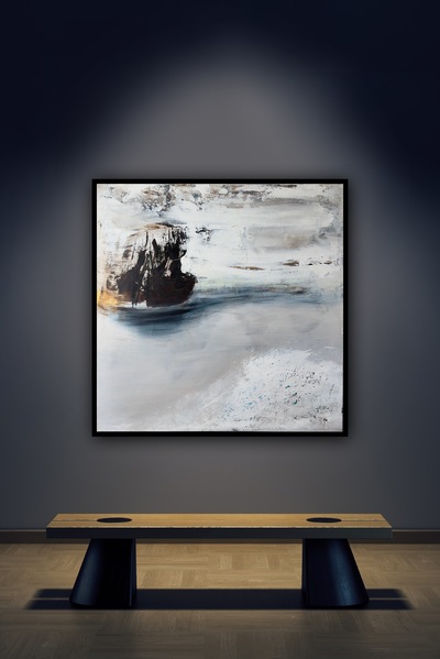 'Schiff im Aufbruch' 2025 
Serie: Asche und Licht
100 x 100 cm  für 2.900 Euro inkl. Schattenfugenrahmen