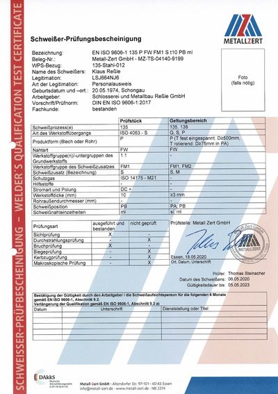 Metallbau Reßle Schweißer Prüfungsbescheinigung