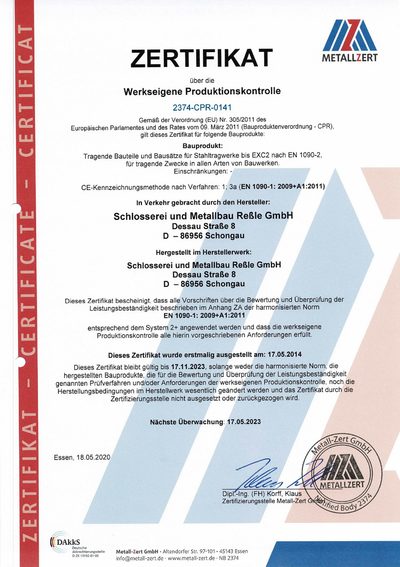 Metallbau Reßle Zertifikat Werkseigene Produktionskontrolle