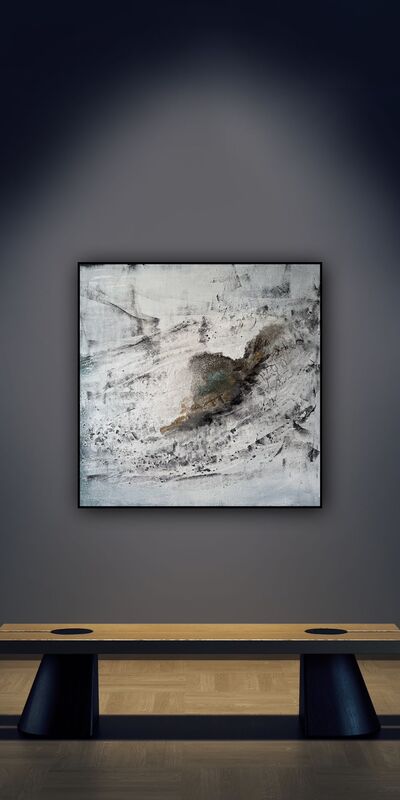 gelassen schweben 2025; aus der Serie 'Asche und Licht - Gelassenheit'. 80 x 80 inkl. Schattenfugen-rahmen für 2.350 Euro