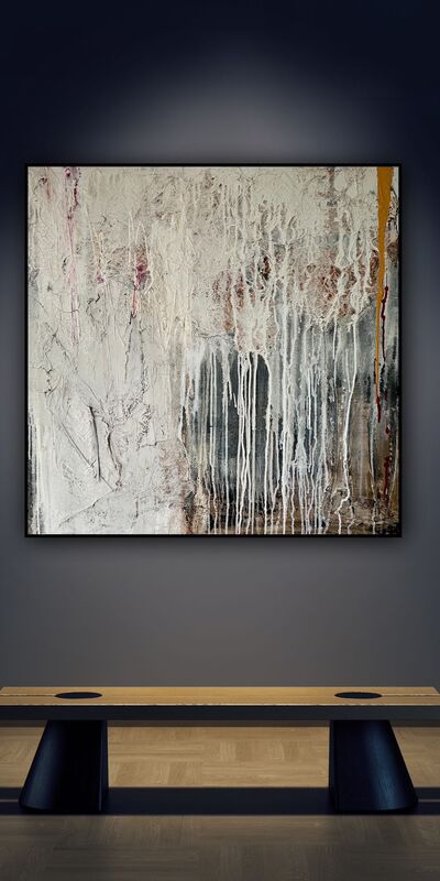 Decollage aus der Serie 'Sack und Asche' 2024 100 x 100 für 2.500 Euro