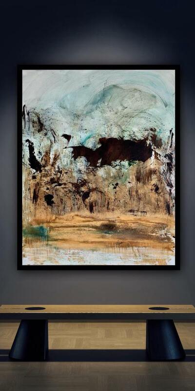 Büffelherde 2023 aus der Serie  'Asche und Farbe' 80 x 100 inkl. Schattenfugenrahmen für 2.600 Euro