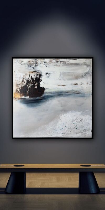 Schiff im Aufbruch 2025; aus der Serie 'Asche und Licht - Gelassenheit'. 100 x 100 inkl. Schattenfugen-rahmen für 2.900 Euro