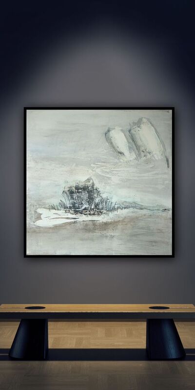 Bergkristall 2025; aus der Serie 'Asche und Licht - Gelassenheit'. 100 x 100 inkl. Schattenfugen-rahmen für 2.900 Euro