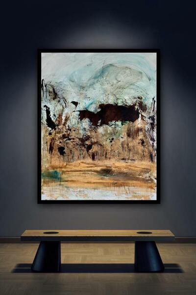 Büffelherde 2023 aus der Serie  'Asche und Farbe' 80 x 100 inkl. Schattenfugenrahmen für 2.600 Euro