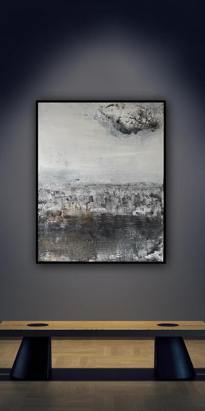 gelassen bleiben 2025; aus der Serie 'Asche und Licht - Gelassenheit'. 
80 x 100 inkl. Schattenfugen-rahmen für 2.600 Euro