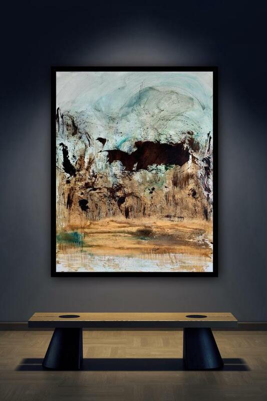 Büffelherde 2023 aus der Serie  'Asche und Farbe' 80 x 100 inkl. Schattenfugenrahmen für 2.600 Euro