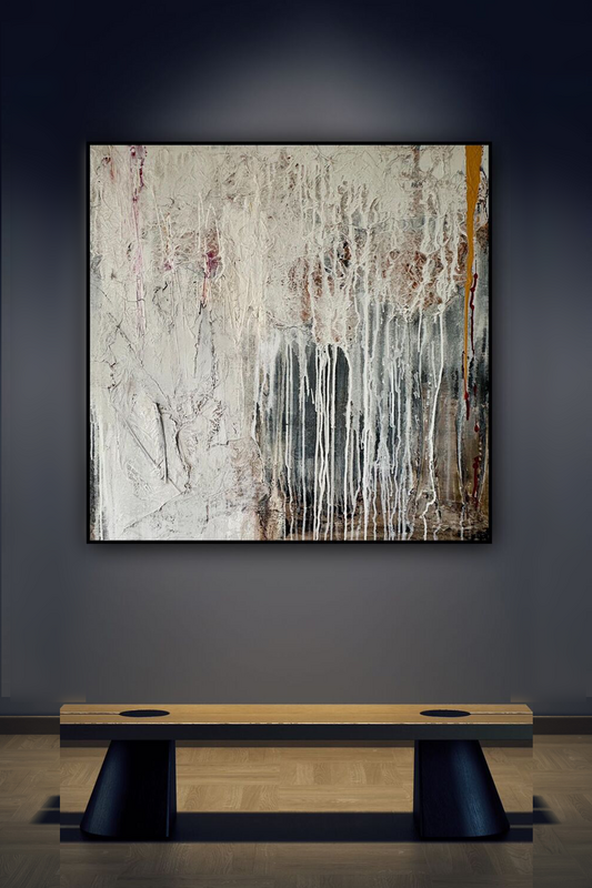 Decollage aus der Serie 'Sack und Asche' 2024 100 x 100 für 2.500 Euro