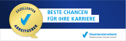 Logo mit blauem Häkchen und Text 'Exzellenter Arbeitgeber', daneben Schrift 'Beste Chancen für Ihre Karriere', Steuerberaterverband Niedersachsen Sachsen-Anhalt