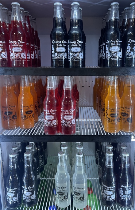 Our selection of Spring Grove sodas, in 9 different flavors.