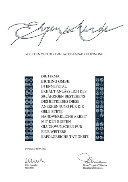 Ehrenurkunde Handwerkskammer - Maler Bicking
