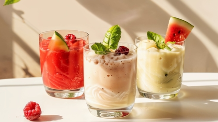 Drei verschiedene Smoothies auf einem Tisch