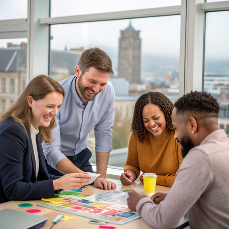 Diverse business team collaborating at workshop table with colorful sticky notes and strategy materials in bright modern office, representing team dynamics mapping and leadership development facilitation for Lumarrae RISE programme