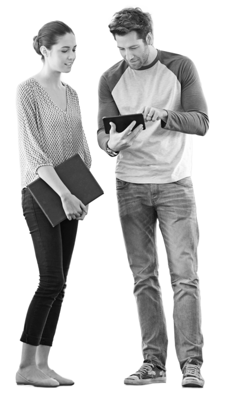 A woman and man stand side by side with the man showing the woman something on his tablet device.