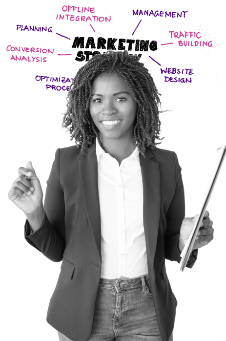 Happy African american female standing under a marketing strategies concept drawing