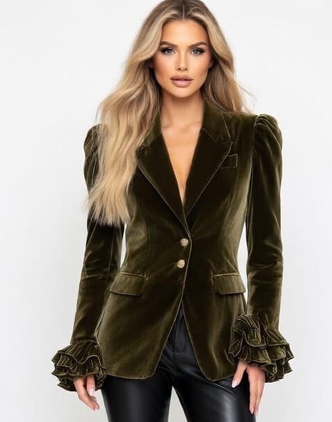 Sofisticaci&oacute;n y tendencia en una sola prenda. El Blazer Monaco es la pieza clave para quienes buscan un look de alto impacto. Confeccionado en un suave terciopelo de color verde oliva, este blazer combina la estructura cl&aacute;sica de la sastrer&iacute;a con detalles de vanguardia que lo hacen &uacute;nico. Lo que lo hace especial: Dise&ntilde;o de Pu&ntilde;os: Incre&iacute;bles volados en cascada que aportan movimiento y un toque rom&aacute;ntico y moderno. Silueta Entallada: Su corte estiliza la figura, resaltando la cintura de forma elegante. Detalles Premium: Botones met&aacute;licos dorados en el frente que contrastan perfecto con el tono oliva. Versatilidad: Ideal para usar con pantalones de cuero (como en la imagen), jeans para un look chic o sobre un vestido de noche. Especificaciones: Talle disponible: S (&Uacute;nica unidad en stock). Color: Verde Oliva / Militar.