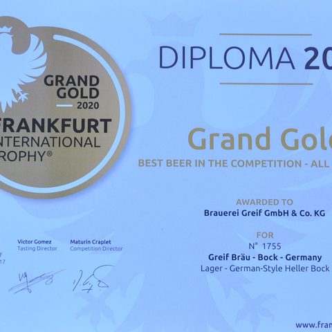 Urkunde der "Frankfurt International Trophy": Greif-Bräu Bock ist bestes Bier aller Länder im Wettbewerb  Foto: Leo Hühnlein