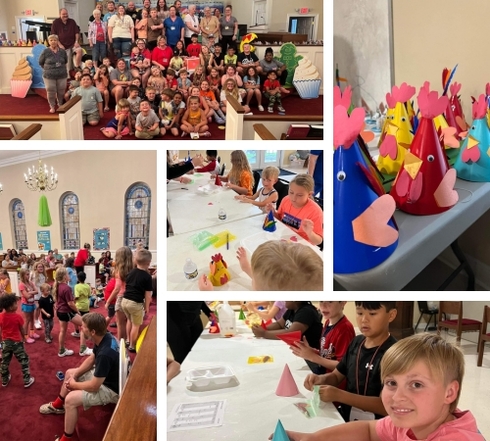 Excited kids participate in Vacation Bible School activities at Pooler First Baptist, enjoying crafts, music, and games.