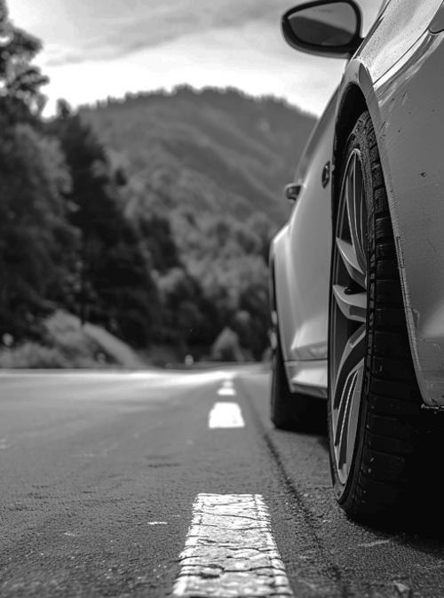 A car is parked on the side of the road with a white line on the road