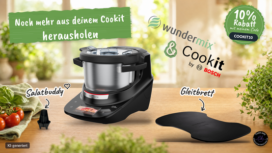 Cookit Maschine von Bosch mit allen Zusatzteilen vor weißem Hintergrund