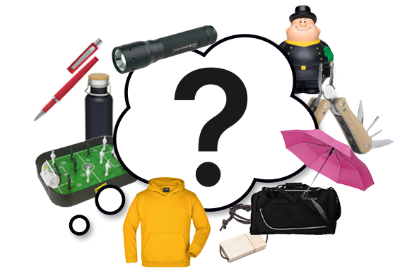 Collage verschiedener Werbeartikel mit Fragezeichen