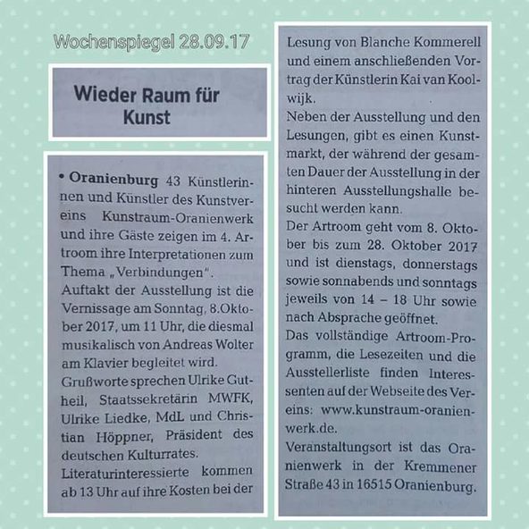 Presseartikel zum 4. Artroom 2017, erschienen im nWochenspiegel Märkische Allgemeine Zeitung