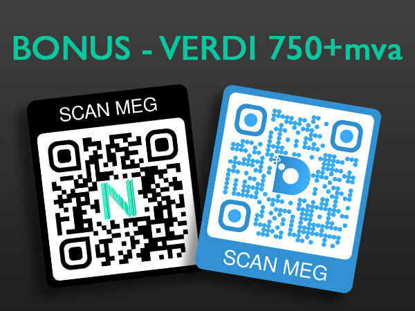 Bilde av to QR koder og teksten Bonus Verdi 750+mva over på mørk bakgrunn