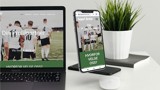Bilde av en pc og en mobil med Support service sin nettside på skjermene