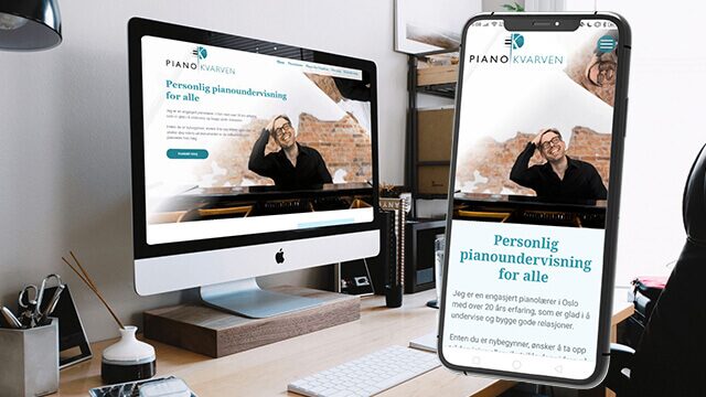 En Mac og en mobil med nettsiden til Piano Kvarven på skjermene