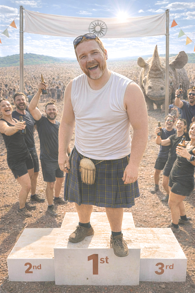 Leader celebrating on winner's podium at finish line with crowd cheering in background, representing exclusive founder client partnership opportunity and breakthrough leadership achievement for Lumarrae RISE programme