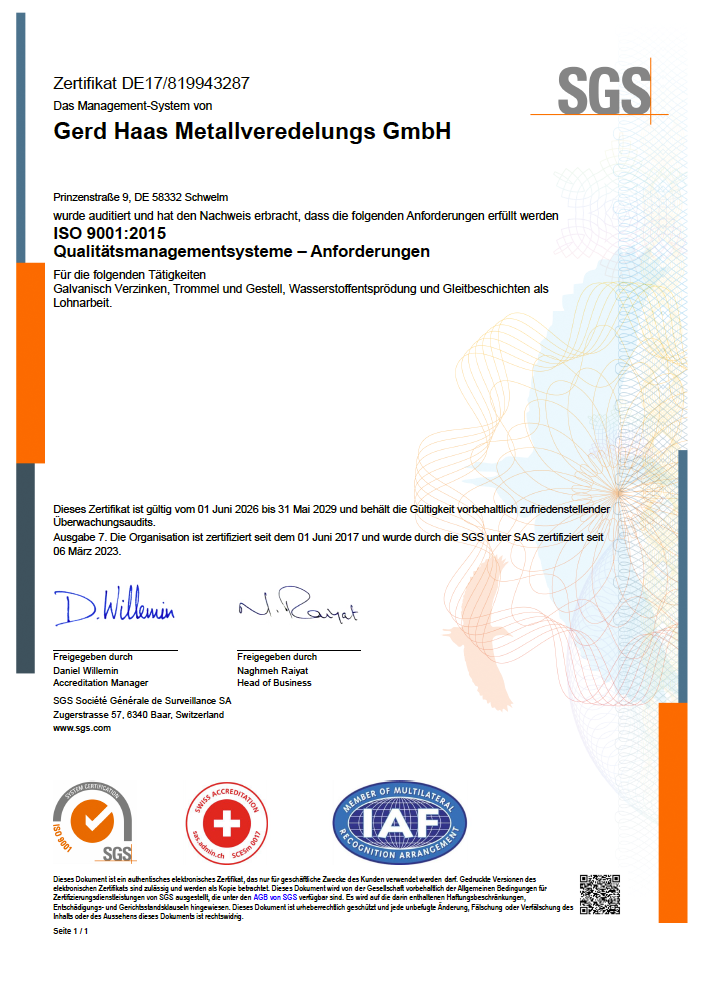 Gerd Haas Metallveredelungs GmbH  - Zertifikat ISO 9001:2015