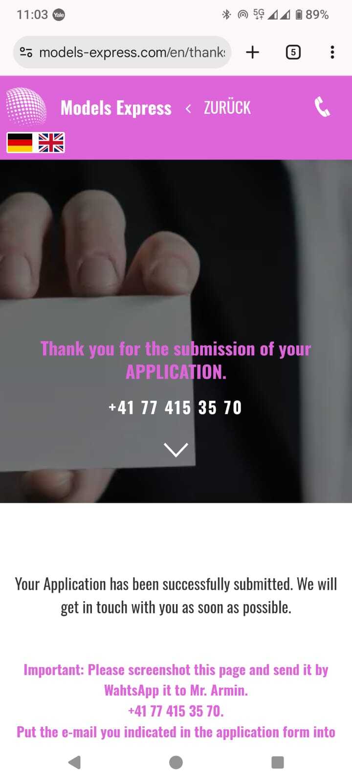Picture of the thank you screen after successful submission of a form