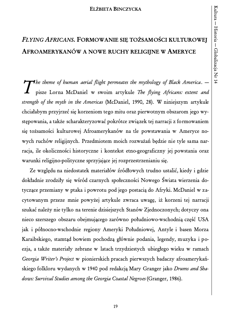 Elzbieta Binczycka - Flying Africans - Formowanie sie tozsamosci kulturowej Afroamerykanow a nowe ruchy religijne w Ameryce
