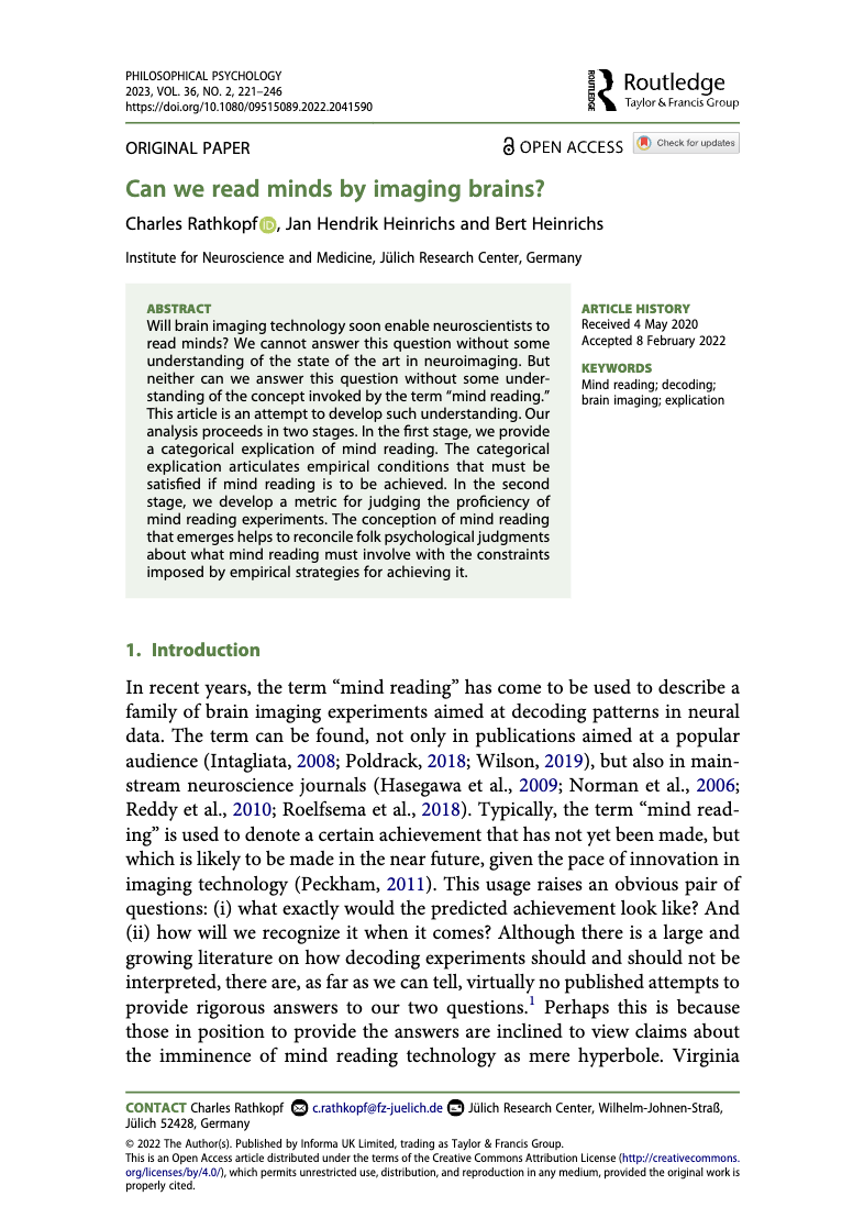 Heinrichs, B., Rathkopf, C, Heinrichs, J.-H. (2023). Can we read minds by imaging brains? In: Philosophical Psychology 36, 221-246