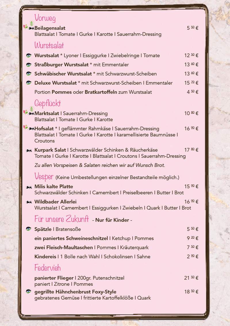 Vorspeisen I Salate I Vesper I Kinder I Federvieh