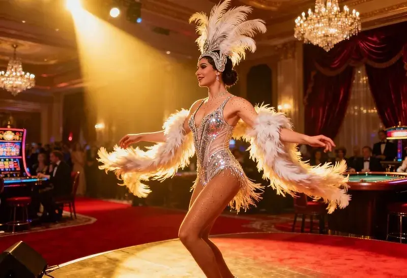 Showgirl in weißem Federkostüm tanzt bei einem Casino-Event