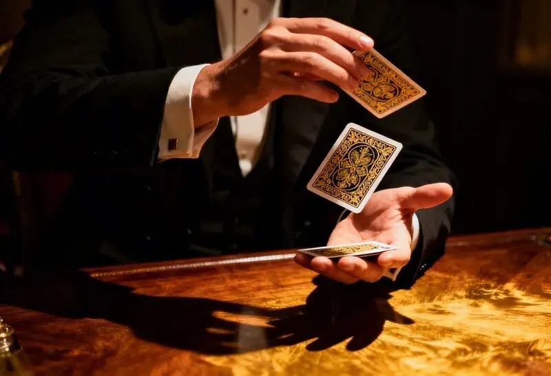 Zauberer mit Spielkarten bei einem Casino-Event