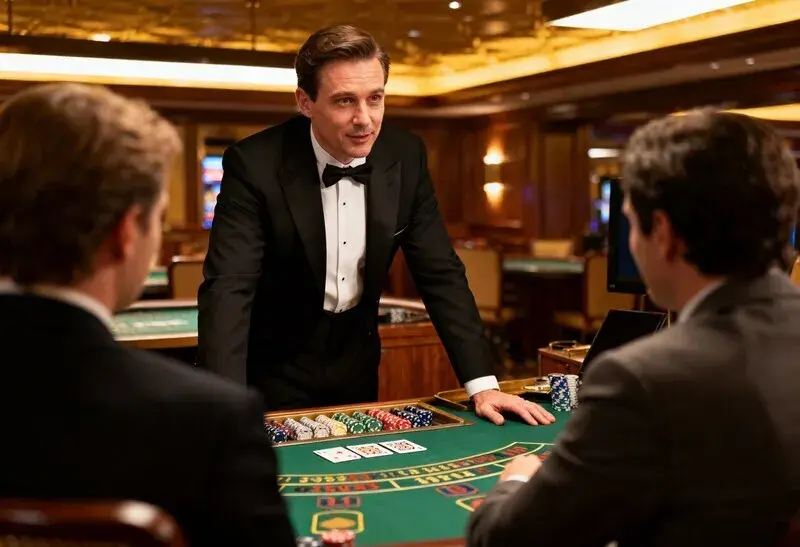 Erfahrener Croupier am Black-Jack-Tisch mit Gästen