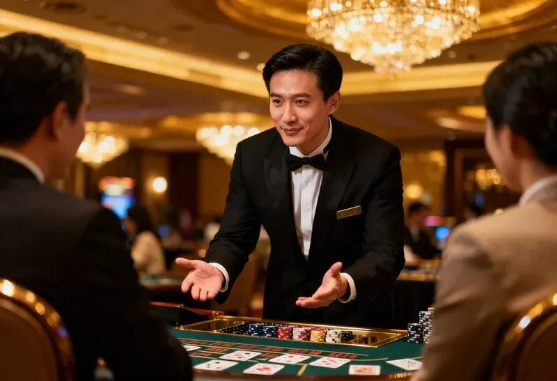 Erfahrener Croupier erklärt das Spiel am Casino-Tisch