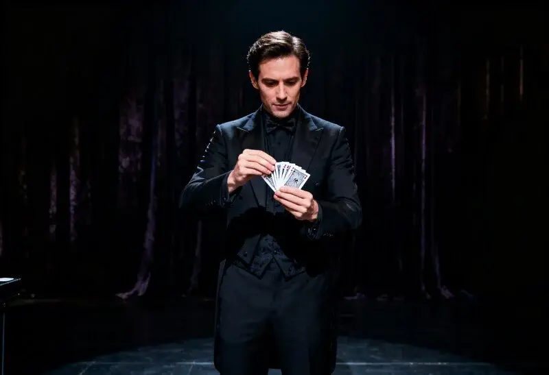 Zauberer mit Spielkarten auf der Bühne