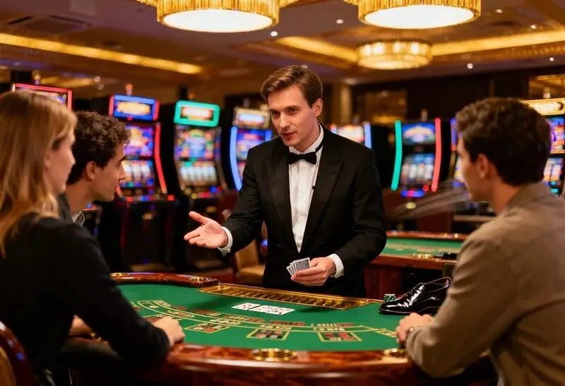 Geschulter Croupier erklärt das Spiel am Black-Jack-Tisch