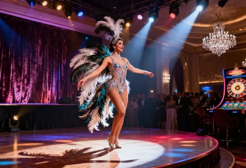 Showgirl in glitzerndem Federkostüm auf der Bühne