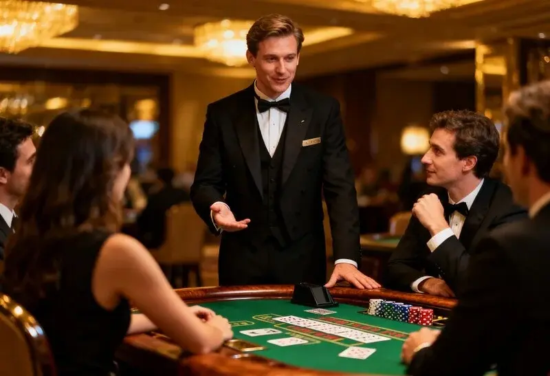Erfahrener Croupier leitet das Spiel am Black-Jack-Tisch